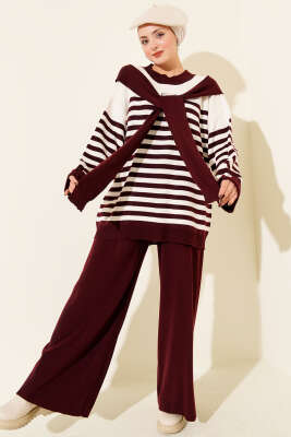 Pazarium - Atkı Detaylı Çizgili Triko İkili Takım Bordo