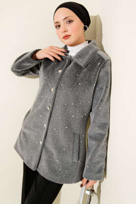 Pazarium - İncili Düğmeli Tay Tüyü Kaban Füme