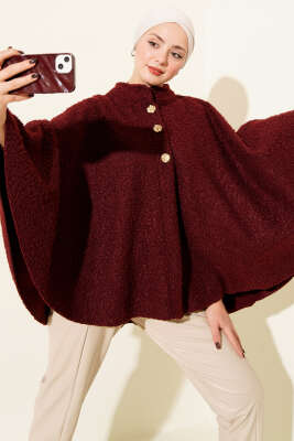 Pazarium - Gold Düğmeli Buklet Panço Bordo