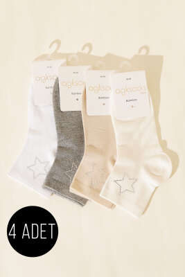 Pazarium - Kadın 4'lü Mini Yıldız Taş Detaylı Çorap Asorti 1