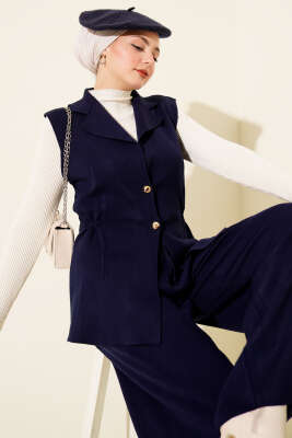 Kruvaze Yelekli İkili Triko Takım Lacivert - Thumbnail