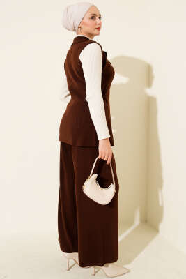 Kruvaze Yelekli İkili Triko Takım Kahve - Thumbnail