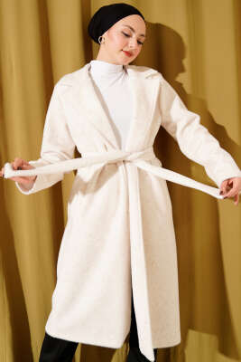 Pazarium - İnci Süslemeli Kuşaklı Goldfox Kaban Bej