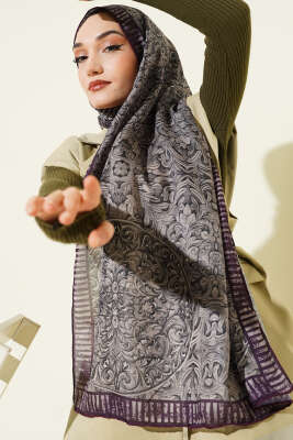 Pazarium - Desenli El Dikişli Ribanalı Şal Mürdüm