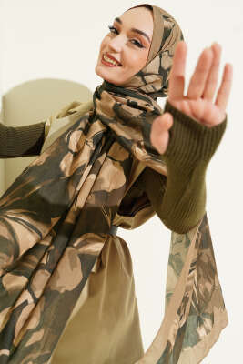 Pazarium - Vintage Ebruli Bambu Kraş Şal Camel