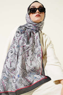 Pazarium - Paisley İşlemeli Soft Şal Siyah Gri