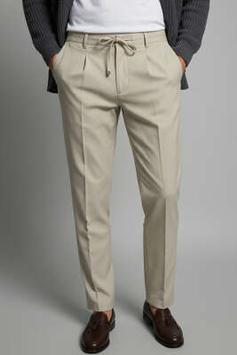 Pazarium - Bel Bağcıklı Dar Paça Erkek Pantolon Bej