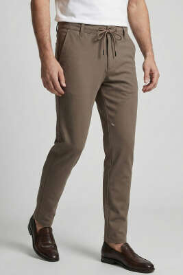 Pazarium - Bel İp Bağcıklı Dar Paça Erkek Pantolon Vizon