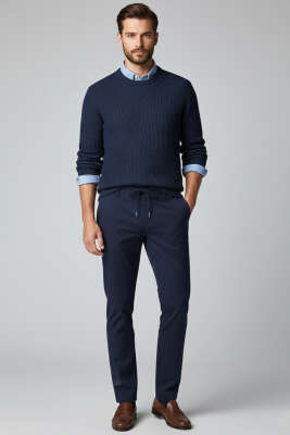 Bel Bağcık Detaylı Cepli Dar Paça Erkek Pantolon Koyu Lacivert - Thumbnail