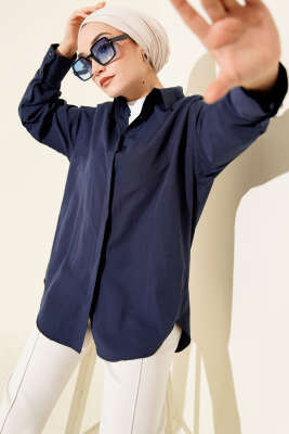 Gizli Düğmeli Basic Gömlek Lacivert - Thumbnail