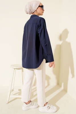 Gizli Düğmeli Basic Gömlek Lacivert - Thumbnail