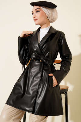 Pazarium - Kruvaze Yaka Kuşaklı Kısa Deri Trençkot Siyah