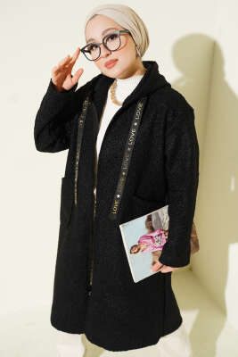 Pazarium - Kapüşonlu Fermuarlı Buklet Kap Siyah