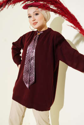 Pazarium - Saten Yaka Fularlı Triko Tunik Bordo