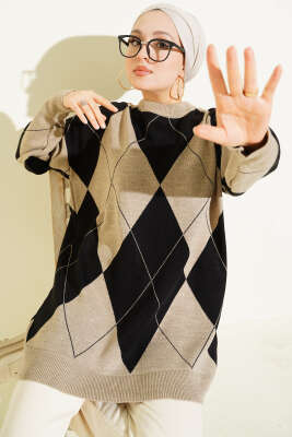 Pazarium - Baklava Desenli Basic Triko Tunik Vizon