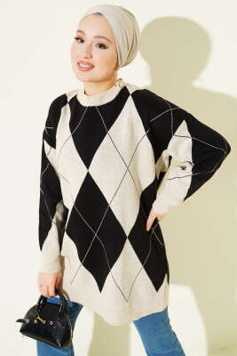 Pazarium - Baklava Desenli Basic Triko Tunik Taş