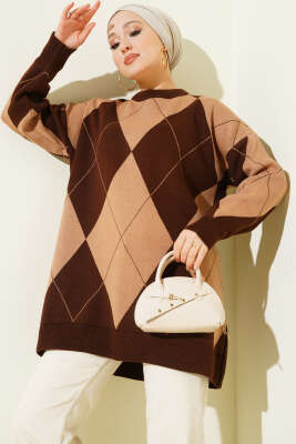 Pazarium - Baklava Desenli Basic Triko Tunik Kahve