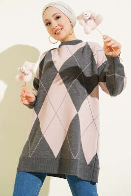 Pazarium - Baklava Desenli Basic Triko Tunik Füme