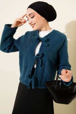 Pazarium - Önü Bağlamalı Buklet Kısa Kimono İndigo