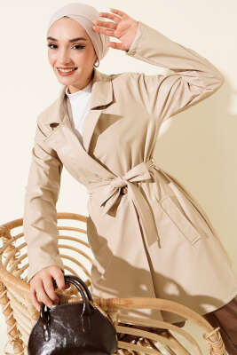 Pazarium - Kruvaze Yaka Kuşaklı Kısa Deri Trençkot Bej