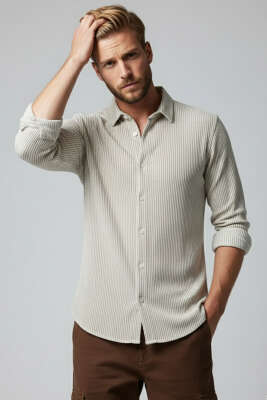 Pazarium - Basic Çizgili Erkek Gömlek Bej