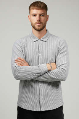 Basic Çizgili Erkek Gömlek Füme - Thumbnail