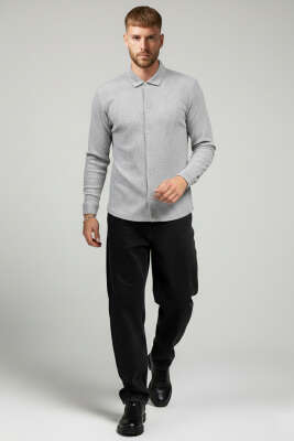 Basic Çizgili Erkek Gömlek Füme - Thumbnail