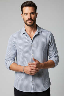 Pazarium - Basic Çizgili Erkek Gömlek İndigo