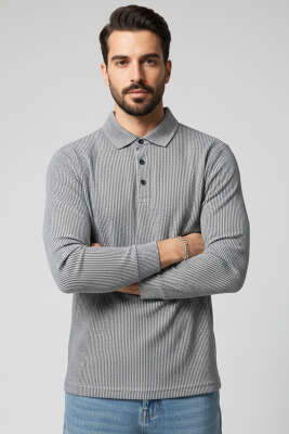 Pazarium - Polo Yaka Düğmeli Çizgili Sweatshirt Lacivert