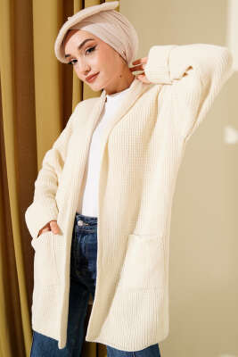 Pazarium - Şal Yaka Pirinç Örgü Triko Hırka Bej