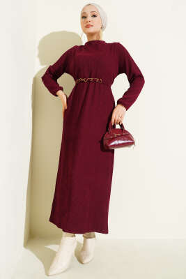 Pazarium - Dik Fitilli Kuşaklı Basic Elbise Bordo