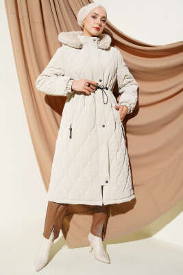 Pazarium - Su Yolu Kapitone Fermuarlı Mont Bej