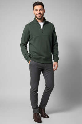 Selanik Yarım Fermuarlı Erkek Sweatshirt Nefti - Thumbnail