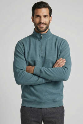 Pazarium - Selanik Yarım Fermuarlı Erkek Sweatshirt Petrol