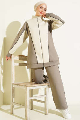 Pazarium - Yaka Fermuarlı Garnili İkili Takım Vizon