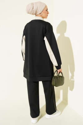 Yaka Fermuarlı Garnili İkili Takım Siyah - Thumbnail