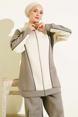 Yaka Fermuarlı Garnili İkili Takım Vizon - Thumbnail