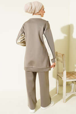 Yaka Fermuarlı Garnili İkili Takım Vizon - Thumbnail