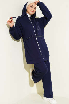 Pazarium - Kapüşonlu Taş Detay Cepli Loyşa İkili Takım Lacivert