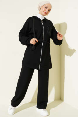 Pazarium - Kapüşonlu Taş Detay Cepli Loyşa İkili Takım Siyah