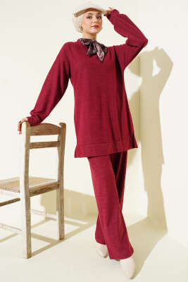 Pazarium - Fularlı Triko İkili Takım Bordo