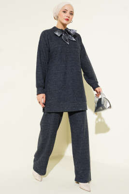 Fularlı Triko İkili Takım Füme - Thumbnail