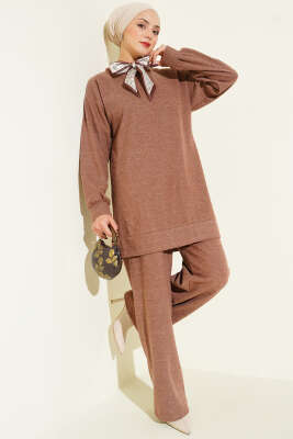 Pazarium - Fularlı Triko İkili Takım Sütlü Kahve