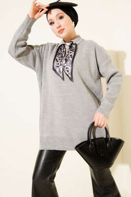 Pazarium - Gömlek Yaka Fularlı Triko Tunik Gri