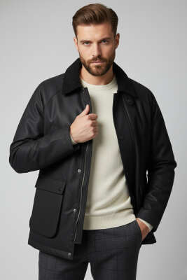 Pazarium - Cebi Kapaklı Kadife Yaka Erkek Mont Siyah