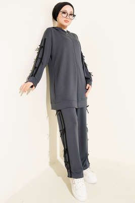 Pazarium - Kapüşonlu Kurdele Detaylı Loyşa İkili Takım Füme