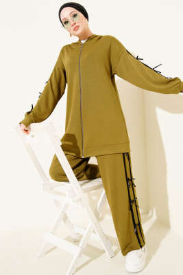 Pazarium - Kapüşonlu Kurdele Detaylı Loyşa İkili Takım Yağ Yeşili