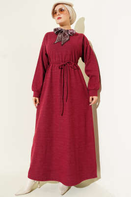 Pazarium - Fularlı İp Bağcık Detaylı Elbise Bordo