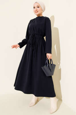 Pazarium - Selanik Beli İp Detaylı Elbise Lacivert