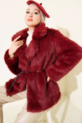 Pazarium - Deri İp Kuşaklı Kürk Mont Bordo